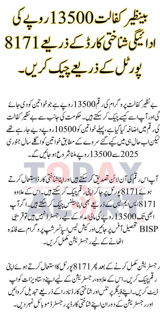 Check Benazir Kafaalat Payment of Rs 13500 through ID Card Via 8171 Portal